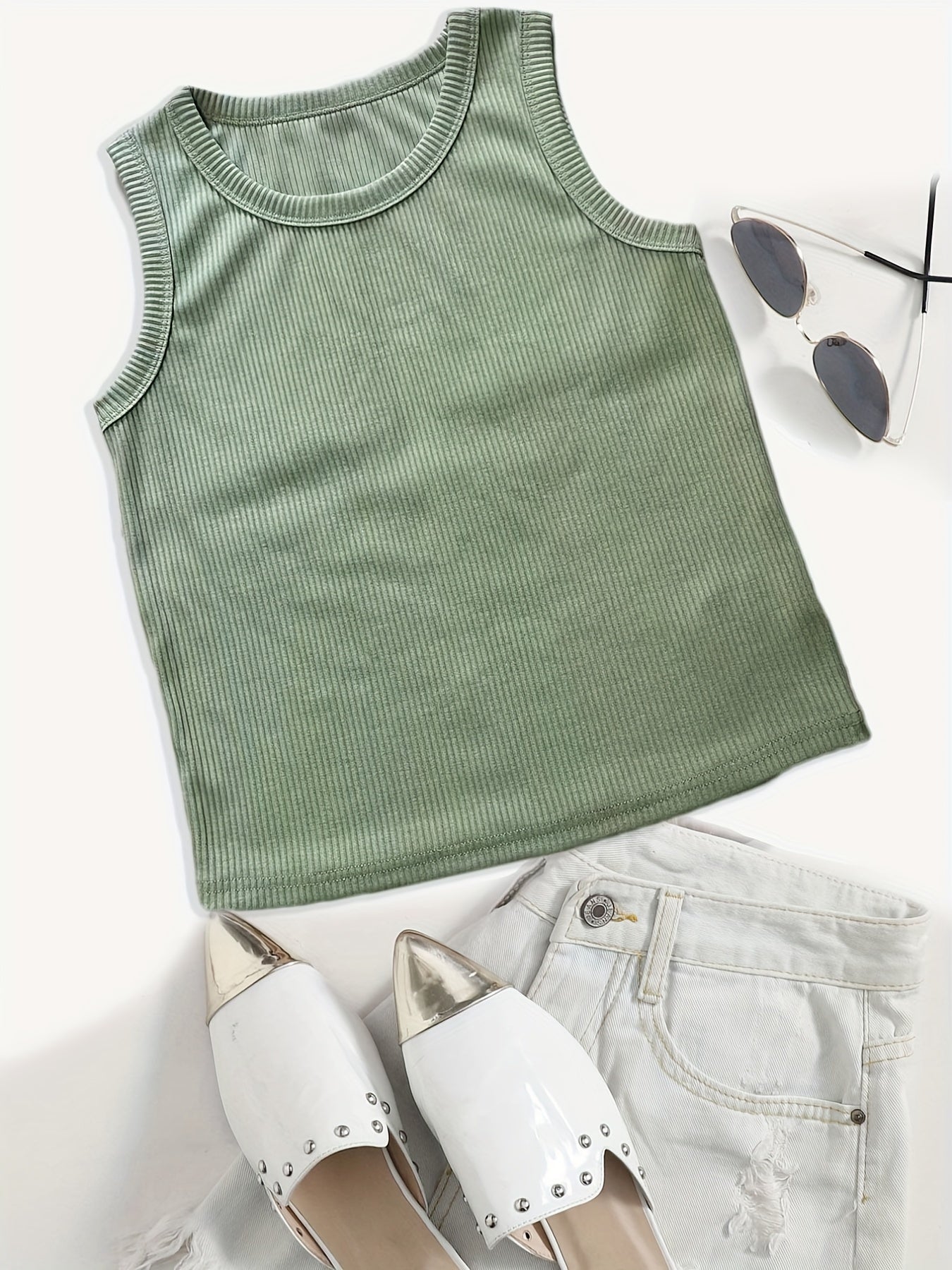 Solid Ribbed Tank Top Crew Neck Sleeveless Casual Summer Top