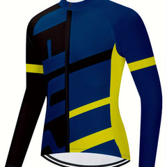 Men's Block Zipper Cycling Jersey Stretch Breathable Long Sleeve T-shirt