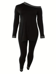 Long Sleeve One Shoulder Split Top & Leggings Two Piece Set
