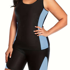 Colorblock Tankini Set Racer Back Tank Top & Shorts Swimsuit