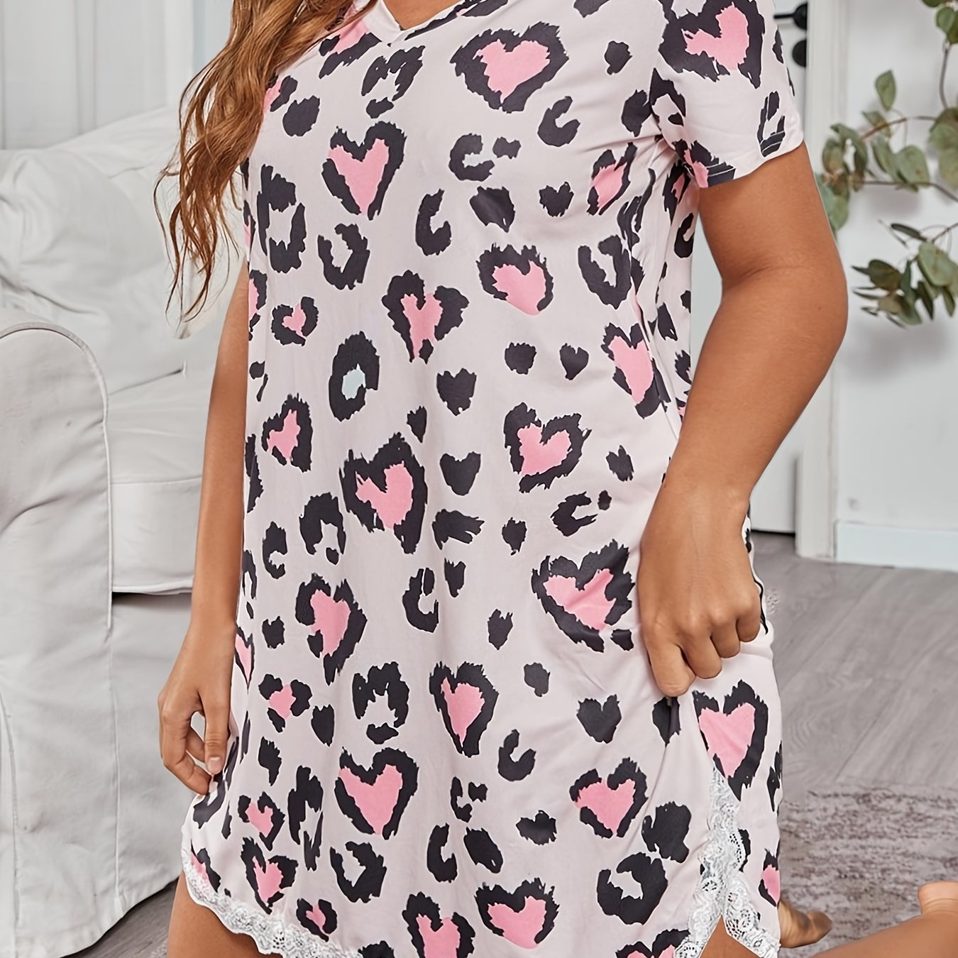 Heart Leopard Print Lace Trim Sleep Tee Dress