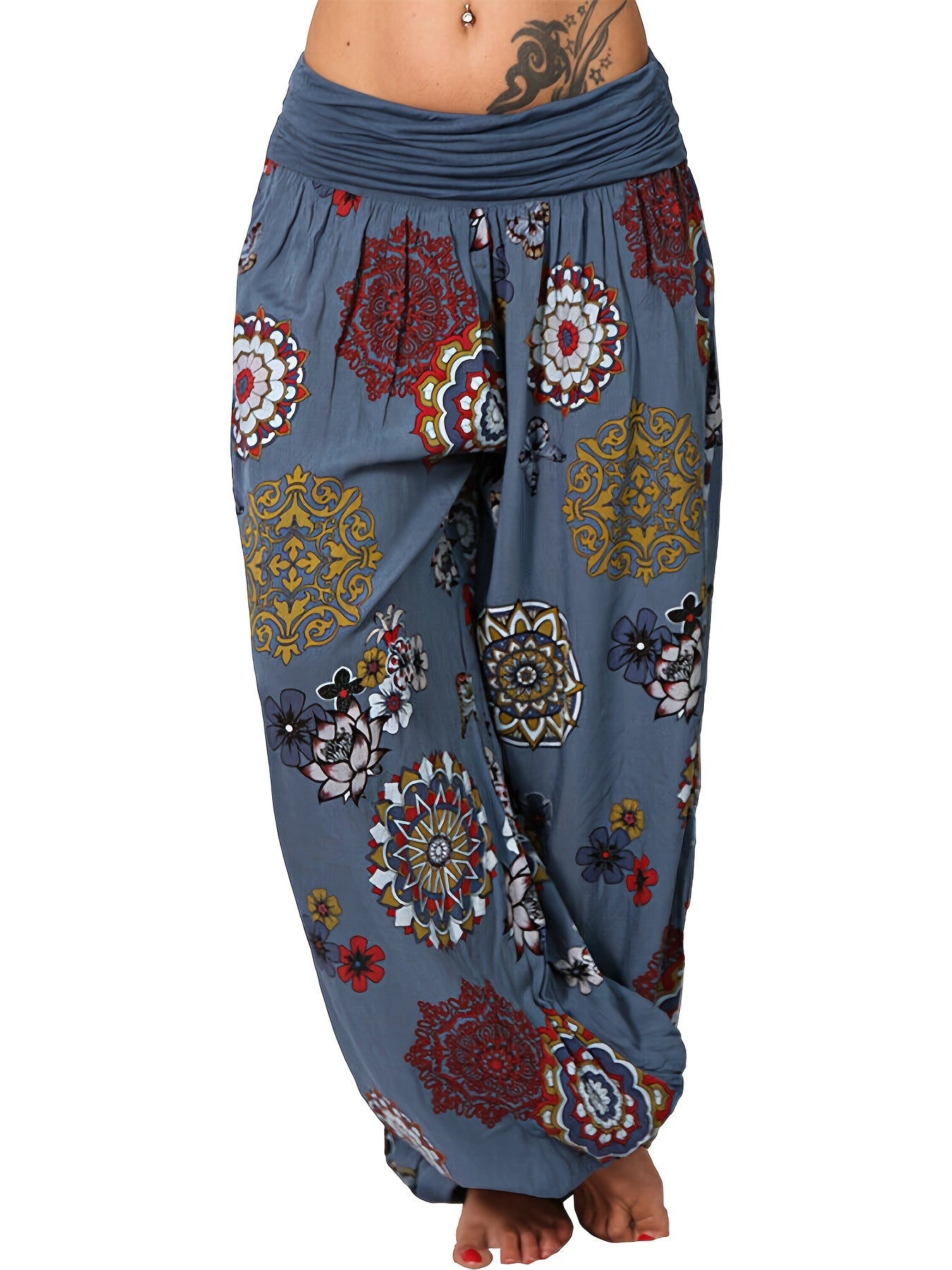 Boho Floral Print Harem Pants Elastic Waist Women's Clothing