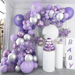 124pcs Baby Shower Decoration Macaron Purple Balloons & 3D Butterfly Stickers