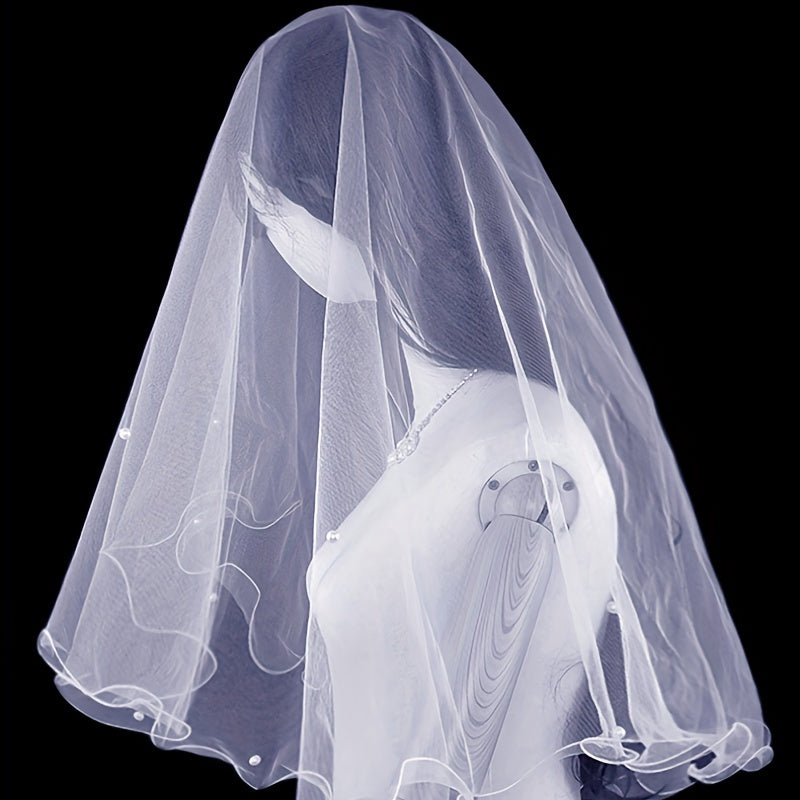 Beaded Mesh Bridal Veil 1 Tier Wedding Headwear
