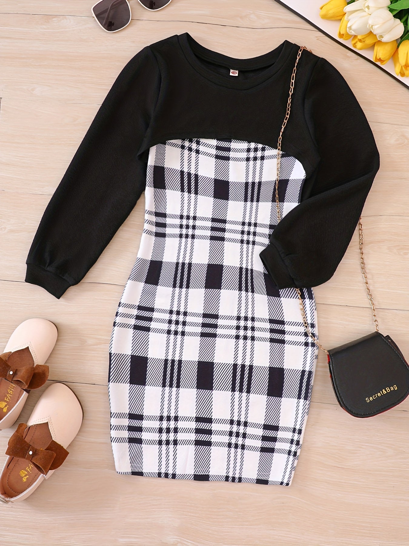 Girl's Plaid Sundress & Crop Sweatshirt Set for Spring Autumn