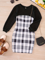 Girl's Plaid Sundress & Crop Sweatshirt Set for Spring Autumn