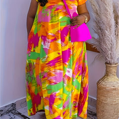 Women's Plus Painting Print Short Sleeve Round Neck Maxi Dress