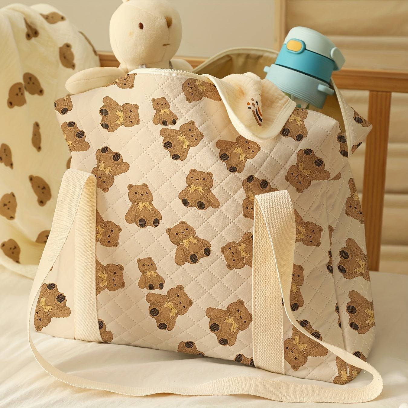 Teddy Bear Print Diaper Bag with Wet Dry Compartments