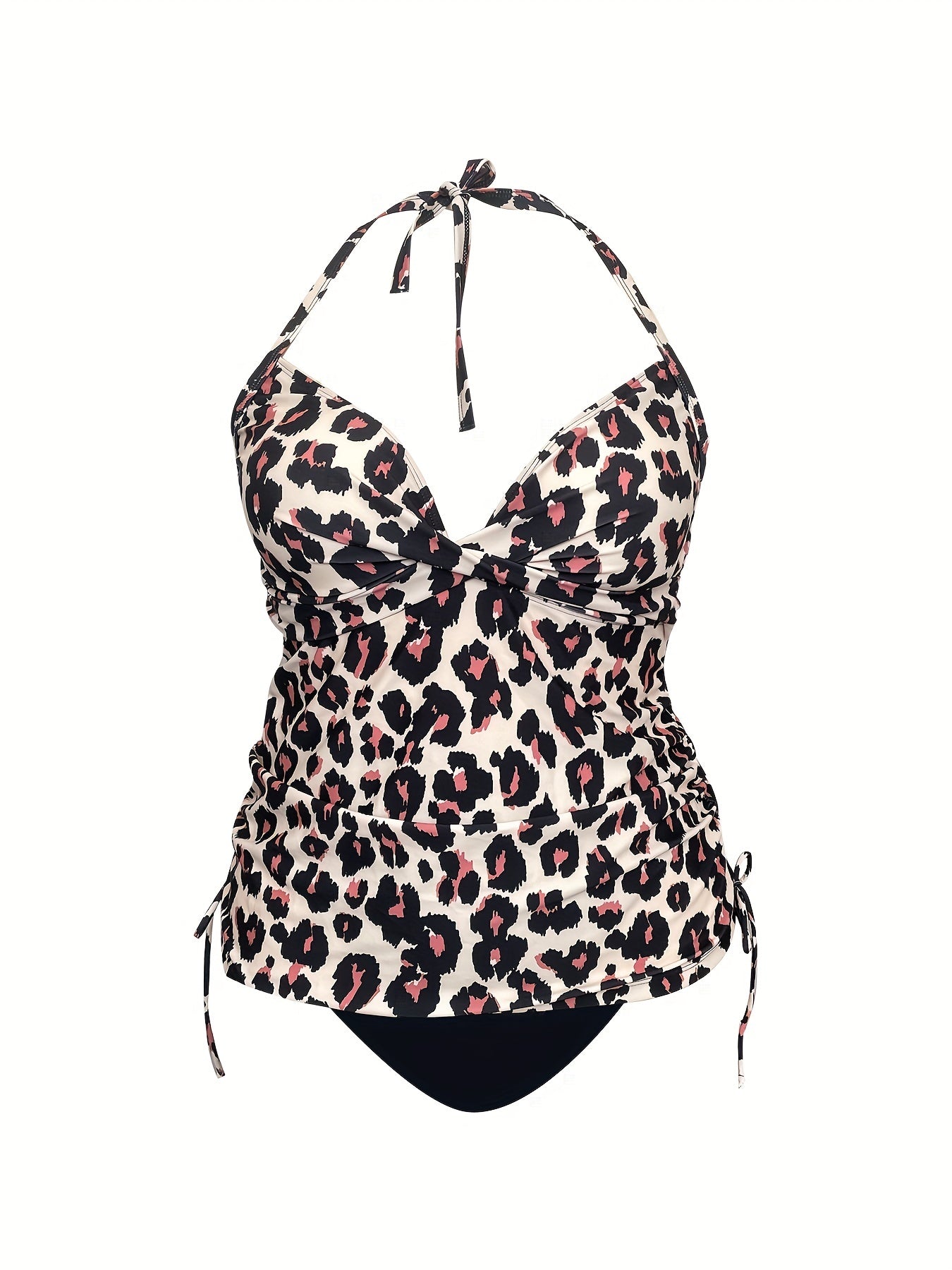 Women's Plus Leopard Print Tankini Set Halter Neck Ruched Side Swimsuit