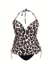 Women's Plus Leopard Print Tankini Set Halter Neck Ruched Side Swimsuit