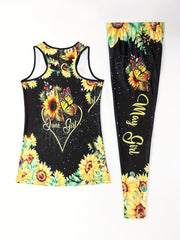 Sunflower Print Fitness Set Sleeveless Tank Top & Leggings Outfit