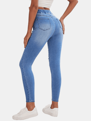 Ripped Holes Skinny Jeans Slim Fit Distressed Elastic Waist Versatile Denim Pant