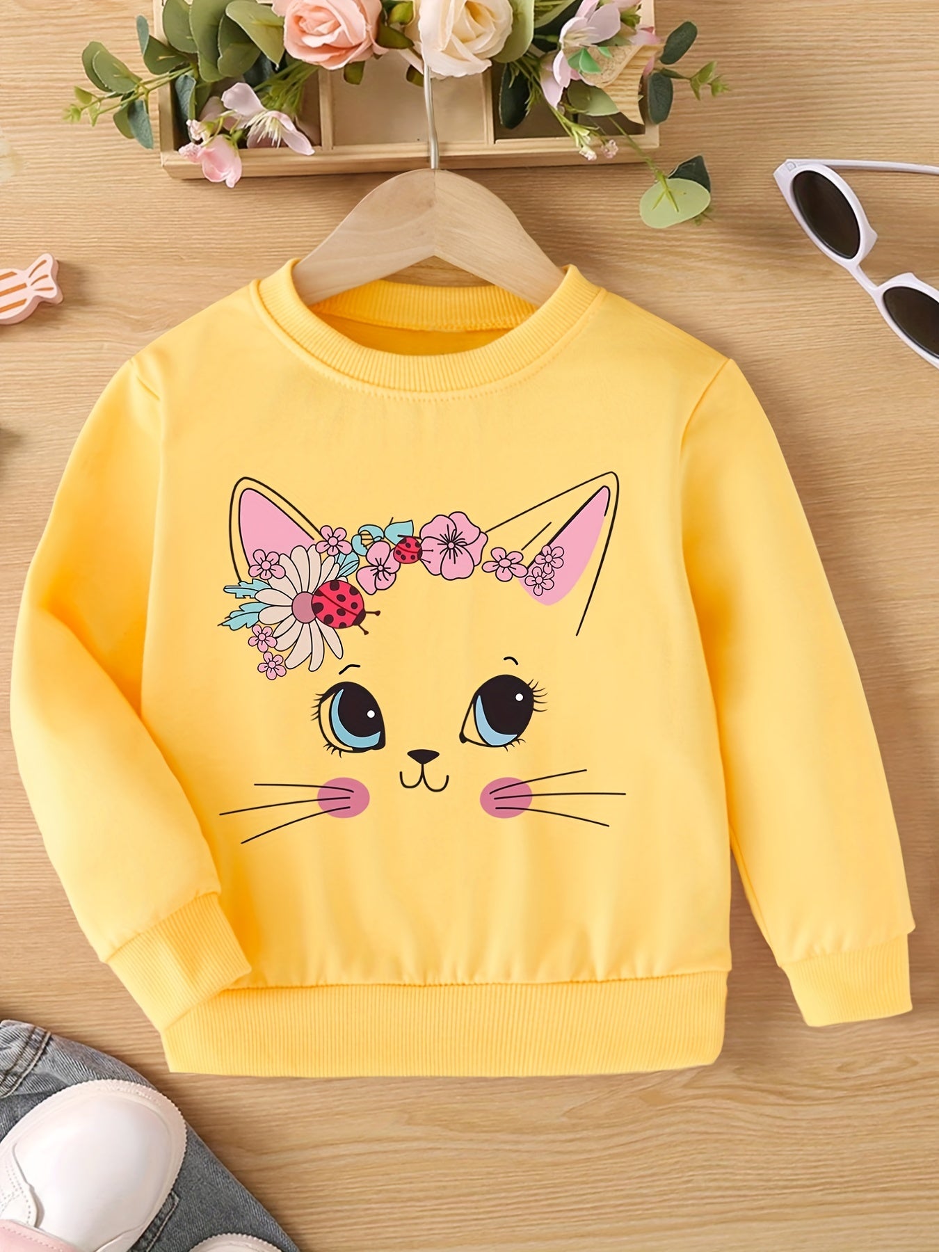 Pretty Cat Print Girls Casual Creative Pullover Sweatshirt Long Sleeve