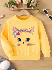 Pretty Cat Print Girls Casual Creative Pullover Sweatshirt Long Sleeve