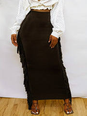 Stripe Print High Rise Fringe Trim Maxi Skirt
