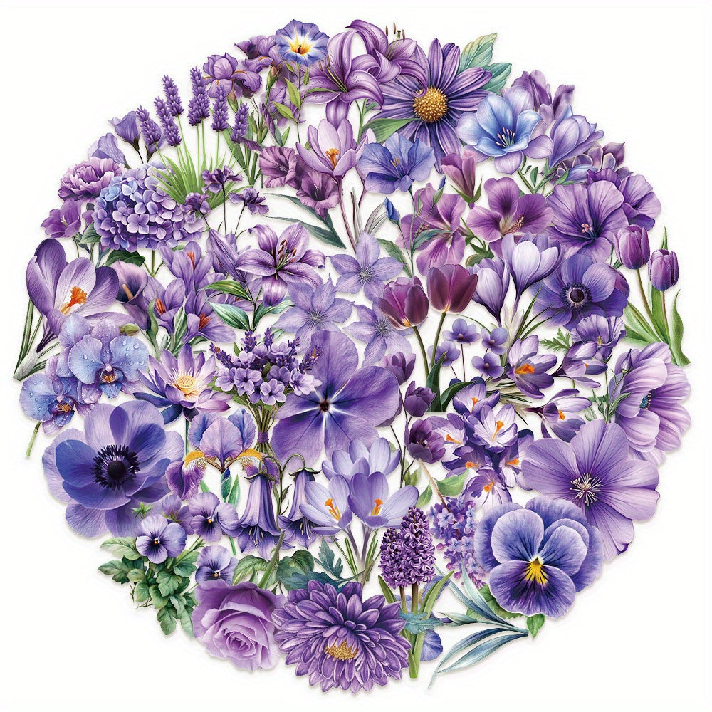 50pcs JJIJIAN Purple Romantic 2D Flower Stickers Vintage PET Stickers