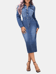 Long Sleeves Denim Dress Slim Fit Single Breasted Button Split Denim Dress