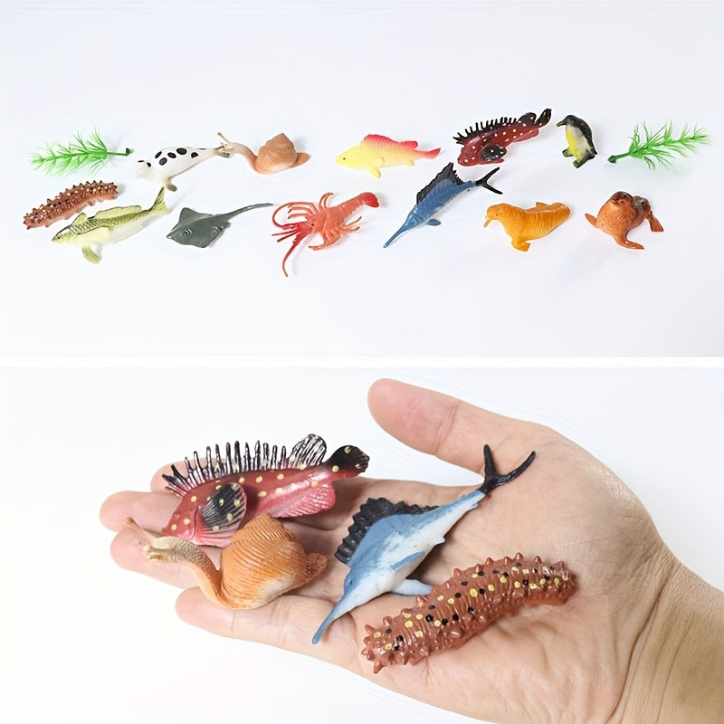 12pcs Mini Marine Animal Figures Set with Seaweed Toys - Ocean Creatures