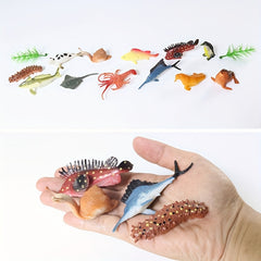 12pcs Mini Marine Animal Figures Set with Seaweed Toys - Ocean Creatures