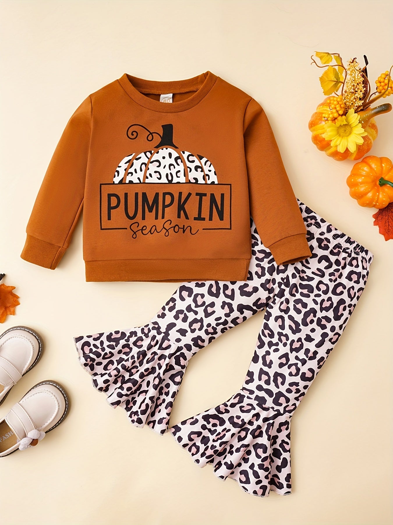 Girls Halloween Pumpkin Sweatshirt & Flared Pants Set