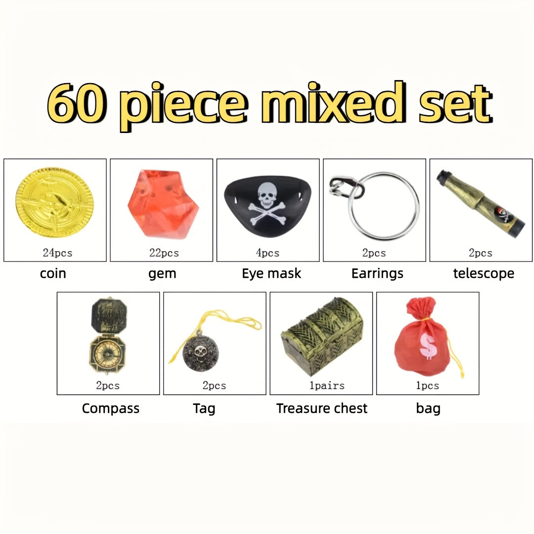 60pcs Pirate Costume Prop Set - Chests, Coins, Stones, Bags - Party Decorations