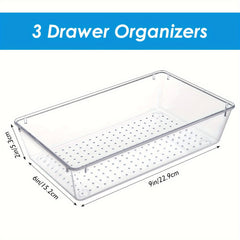 3pc Transparent Drawer Storage Box Plastic Tray with 15 Silicone Pads