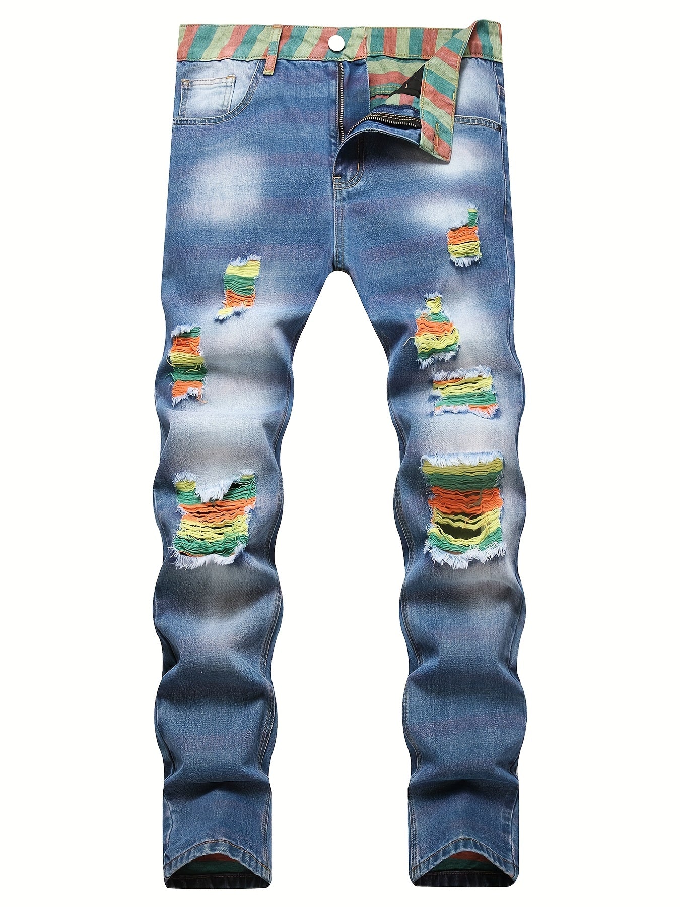 Slim Fit Ripped Jeans Men's Casual Distressed Denim Pants
