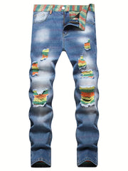 Slim Fit Ripped Jeans Men's Casual Distressed Denim Pants