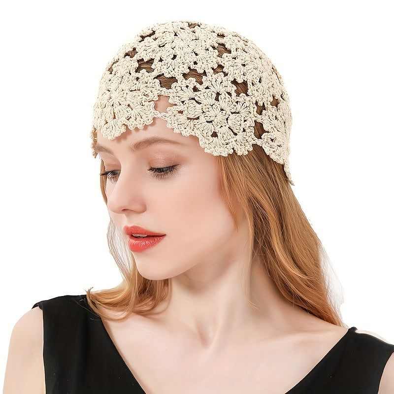 Flower Hollow Crochet Beanie Cloche Hat Elastic Knit Solid Skull Cap