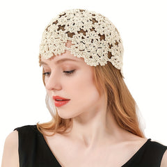 Flower Hollow Crochet Beanie Cloche Hat Elastic Knit Solid Skull Cap