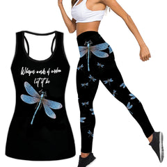 Dragonfly & Slogan Print Tank Top & Leggings Yoga Set