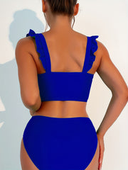Ruffle Trim Straps Tankini Swimsuit High Stretch V Neck Beachwear