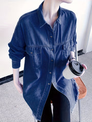 Women's Plus Casual Denim Blouse Solid Button Long Sleeve