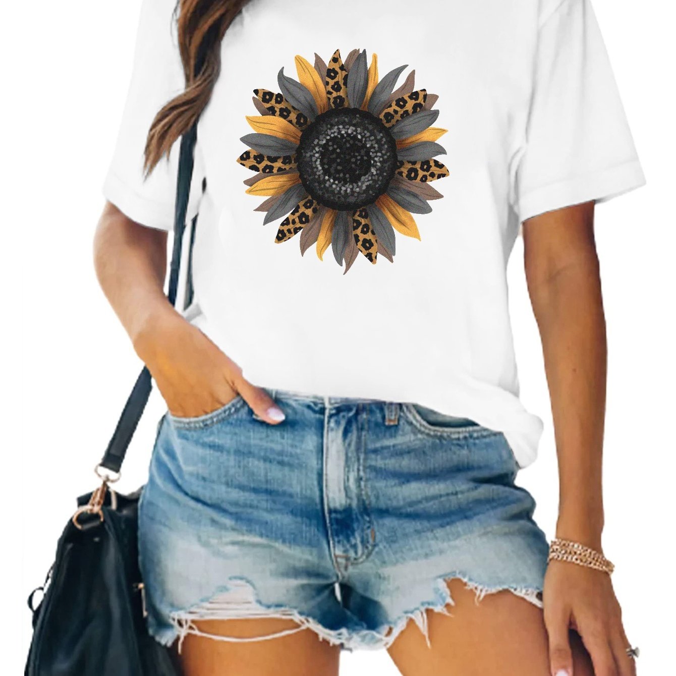 Leopard Sunflower Print T-shirts Short Sleeve Casual Graphic Tee Women's Summer
