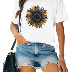 Leopard Sunflower Print T-shirts Short Sleeve Casual Graphic Tee Women's Summer