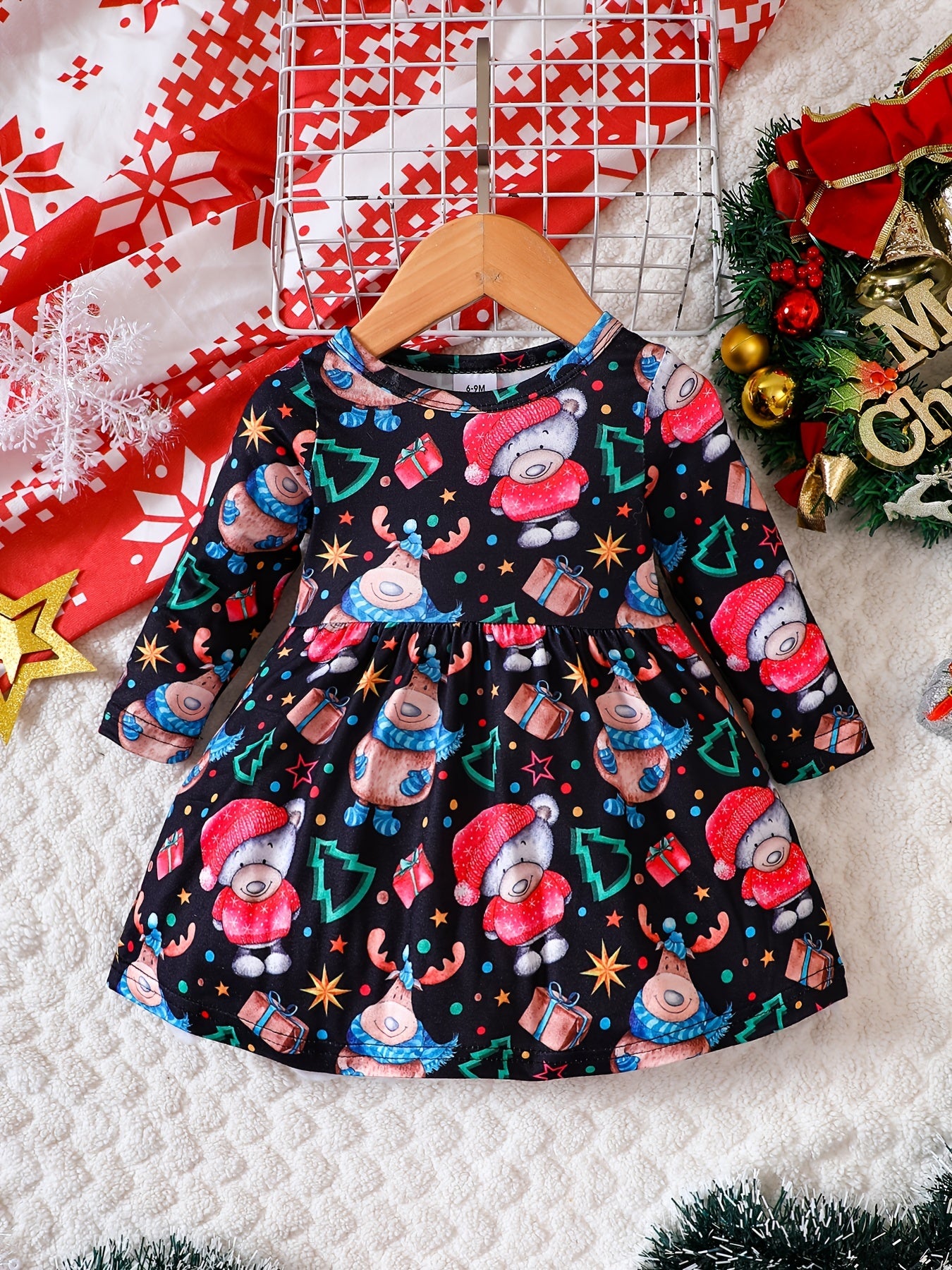 Toddler Girls Christmas Full Print Long Sleeve Dress