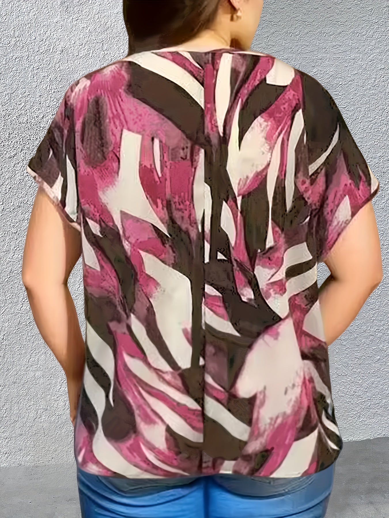 Leaf Print Round Neck Cap Sleeve Plus Size Casual Blouse