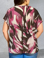 Leaf Print Round Neck Cap Sleeve Plus Size Casual Blouse