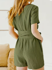 Solid Romper Casual Short Sleeve Knotted Zipper Romper