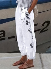 Butterfly & Flower Print Elastic Waist Pants for Women