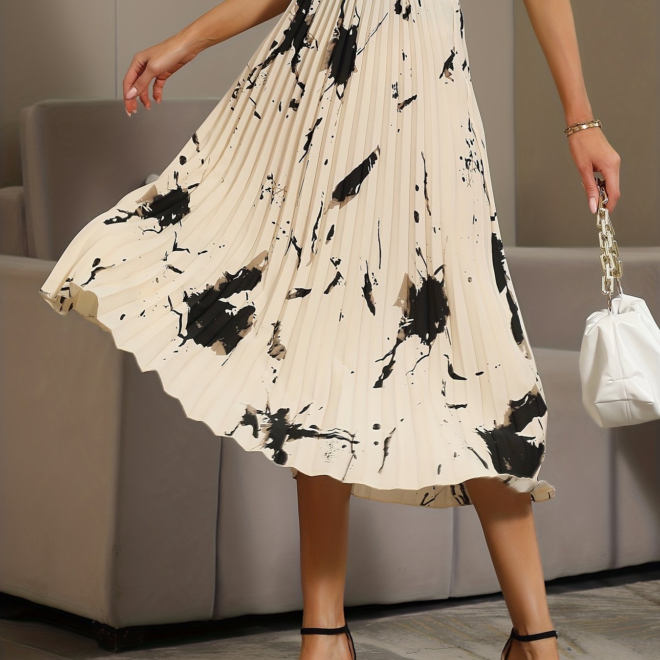 Graphic Print Pleated Skirt Elastic Waist Skirt for Spring & Summer