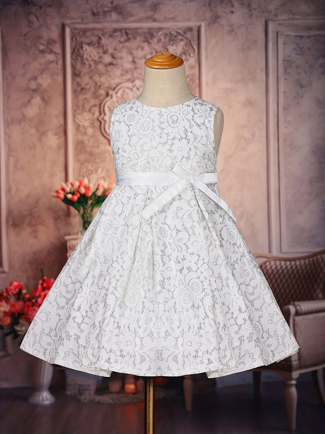 Flower Girls Wedding Outfit Bow Waisted Sleeveless Princess Dress