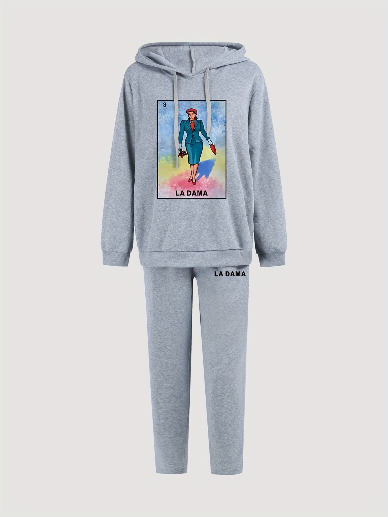 Cartoon Lady Print Hooded Sweatshirt & Sweatpants Set