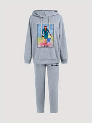Cartoon Lady Print Hooded Sweatshirt & Sweatpants Set
