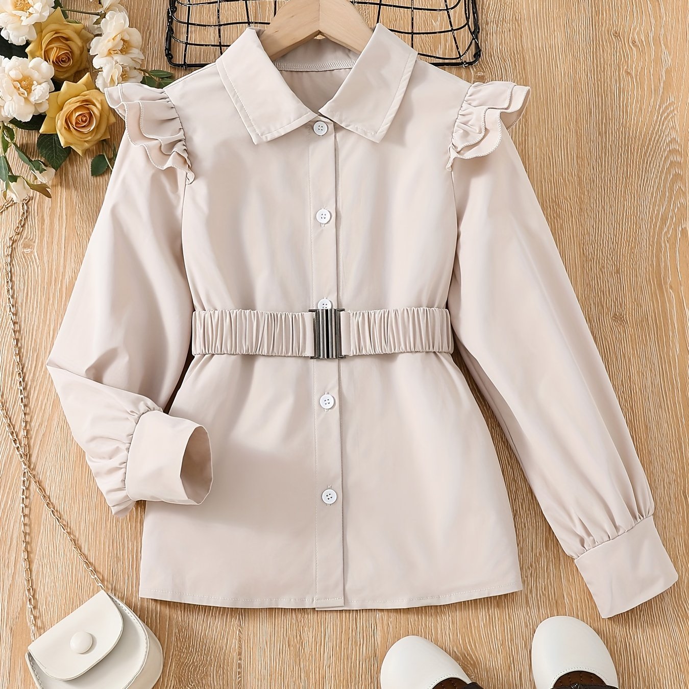 Girls Ruffled Shirt With Belt - Autumn/Spring Kids Clothes
