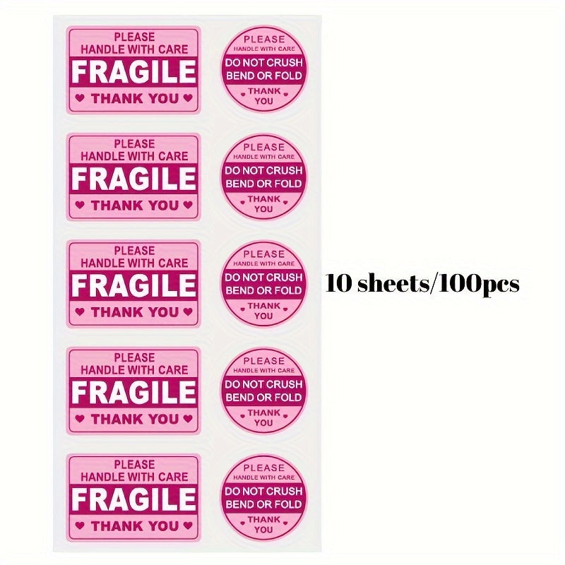 100pcs Pink Reminder Label Stickers - Fragile Caution High