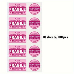 100pcs Pink Reminder Label Stickers - Fragile Caution High
