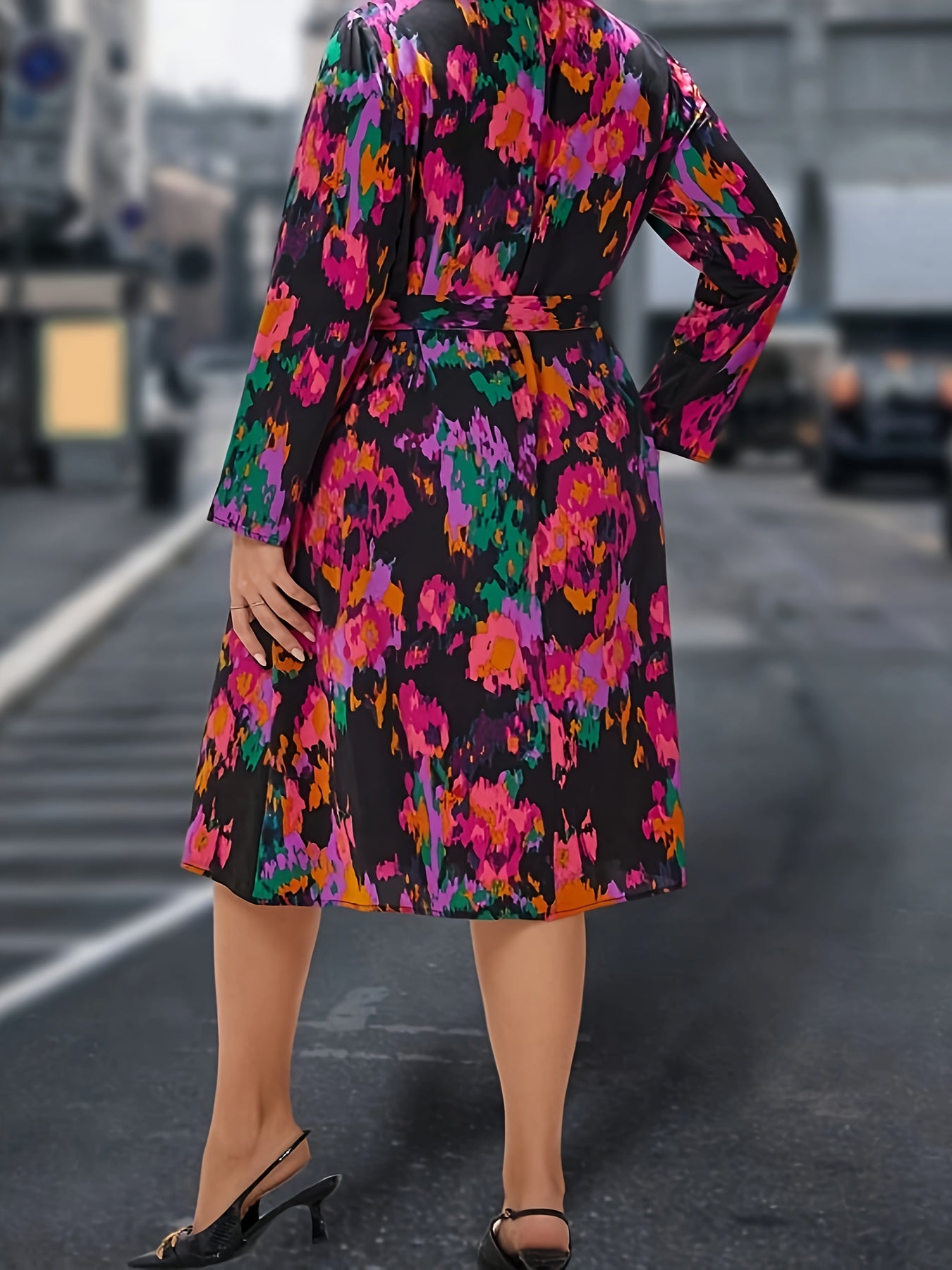 Boho Dress Women's Plus Tie Dye Long Sleeve Round Neck Midi Dress