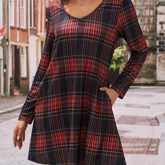 Women's Plus Plaid Print Long Sleeve V Neck Tee Dress With Pockets