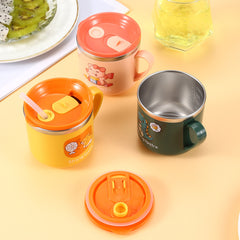 Children's Cartoon Stainless Steel Milk Cup with Lid Straw